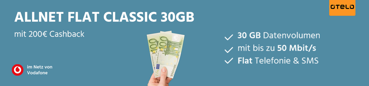  200€ Gutschein/Cashback mit Otelo Allnet Classic Flat 30GB