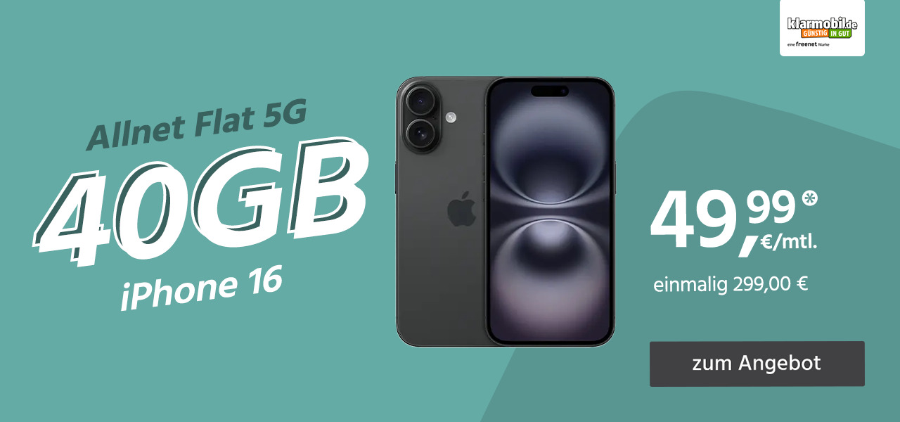 Apple iPhone 16 mit Allnet Flat 40GB 5G für einmalig 299€ und monatlich 49,99€