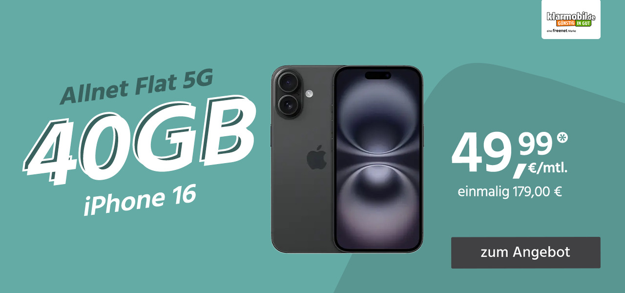 Apple iPhone 16 mit Allnet Flat 40GB 5G für einmalig 179€ und monatlich 49,99€