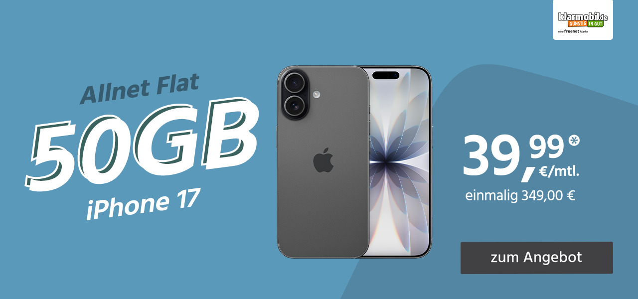 iPhone 17 mit Allnet Flat 50GB 5G für einmalig 349€ und monatlich 39,99€