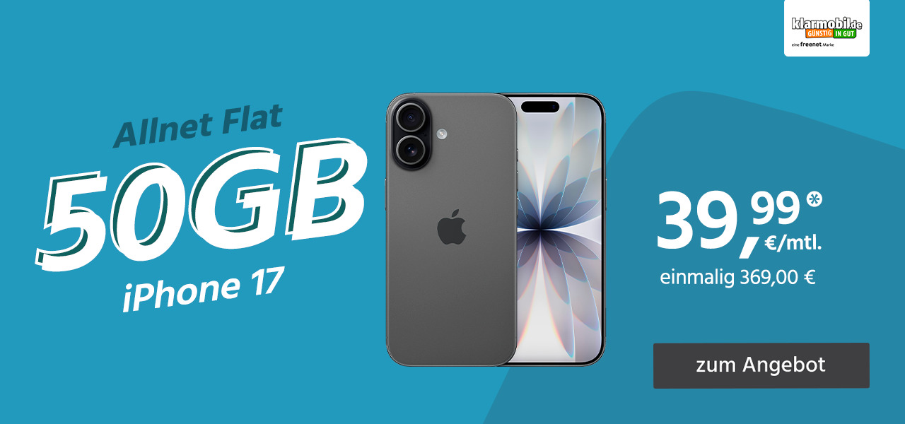 iPhone 17 mit Allnet Flat 50GB 5G für einmalig 369€ und monatlich 39,99€