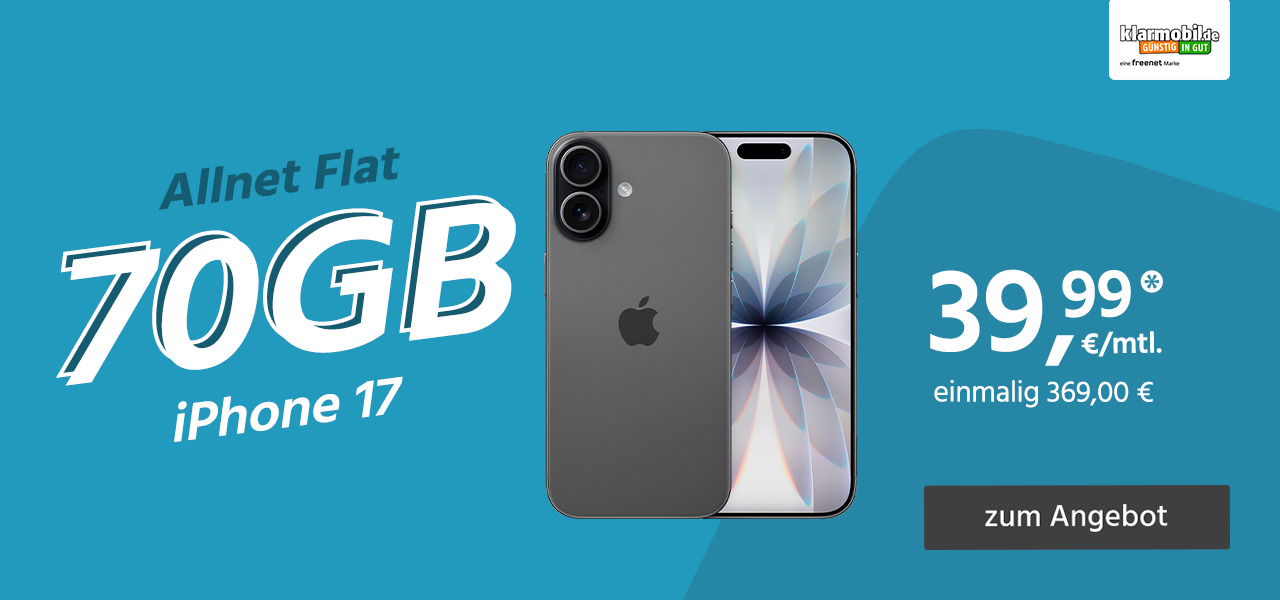 iPhone 17 mit Allnet Flat 70GB 5G für einmalig 369€ und monatlich 39,99€