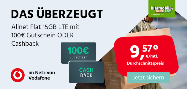 Allnet Flat 15GB mit 100€ Cashback oder Gutschein für 0€ Zuzahlung