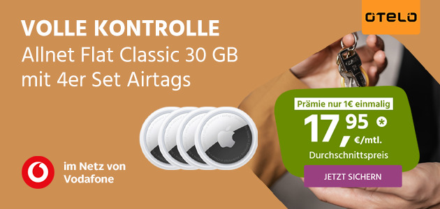 Otelo Allnet Flat Classic 30GB mit Apple AirTags im 4er Set für 1€ Zuzahlung.