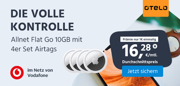Otelo Allnet Flat Go 10GB mit 4er Set Airtags für nur 1€ Zuzahlung