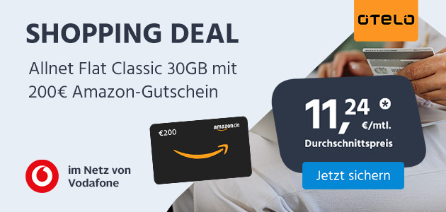 otelo Allnet Flat Classic 30GB mit 200€ Amazon.de Gutschein für 0€ Zuzahlung