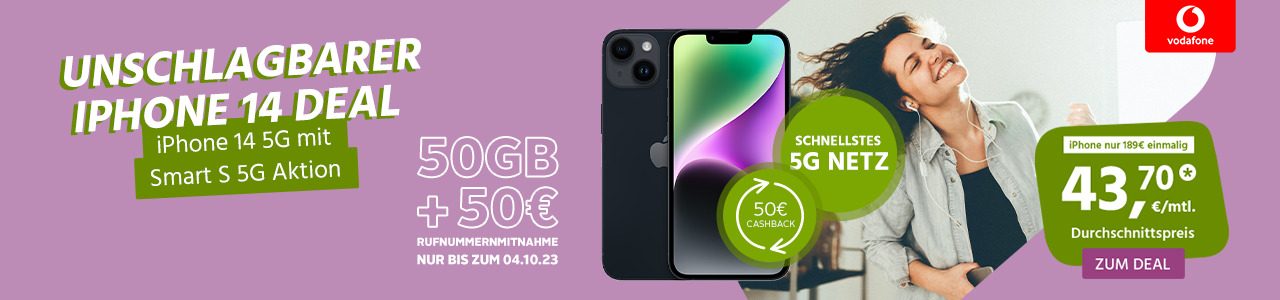 iPhone 14 mit 5G Vodafone Smart S Aktion für einmalig 189€ mit 50€ Cashback
