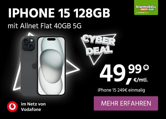 iPhone 15 mit Allnet Flat 40GB 5G für einmalig 249€ und monatlich 49,99€