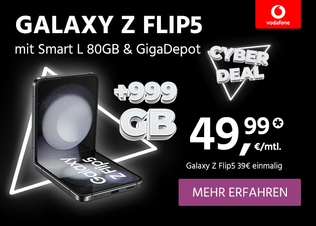Samsung Galaxy Z Flip5 mit Vodafone Smart L 80GB und 999GB Giga Depot für einmalig 39€ und monatlich  49,99€
