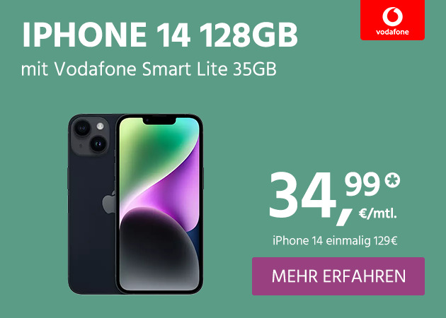 iPhone 14 mit Vodafone Smart Lite 35GB für einmalig 129€ und monatlich 34,99€