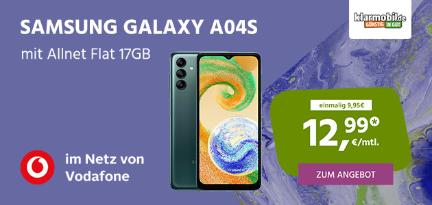 Samsung GalaxyA04S mit Vodafone Allnet Flat Classic 17GB für einmalig nur 9,95€ und monatlich 12,99€