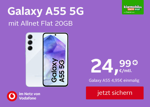 20GB Allnet Flat für monatlich 24,99€ mit Samsung Galaxy A55 für einmalig 4,95€
