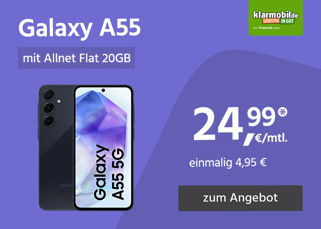 20GB Allnet Flat für monatlich 24,99€ mit Samsung Galaxy A55 für einmalig 4,95€