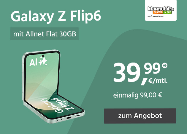 Samsung Galaxy Z Flip6 mit Allnet Flat 30GB für einmalig 99€ und monatlich 39,99€