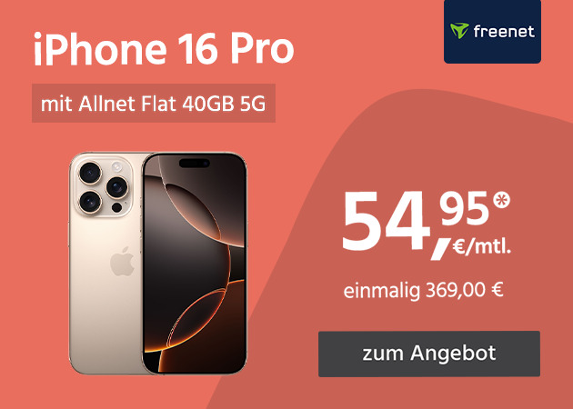 Apple iPhone 16 Pro mit Allnet Flat 40GB 5G für einmalig 369€ und monatlich 54,95€