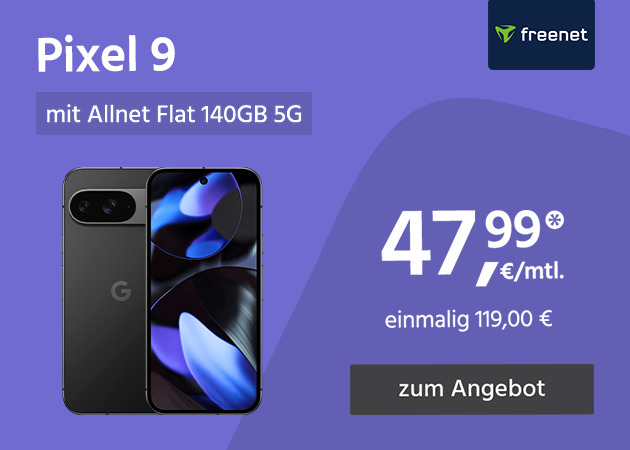 Google Pixel 9 mit Allnet Flat 140GB 5G für einmalig 149€ und monatlich 47,99€