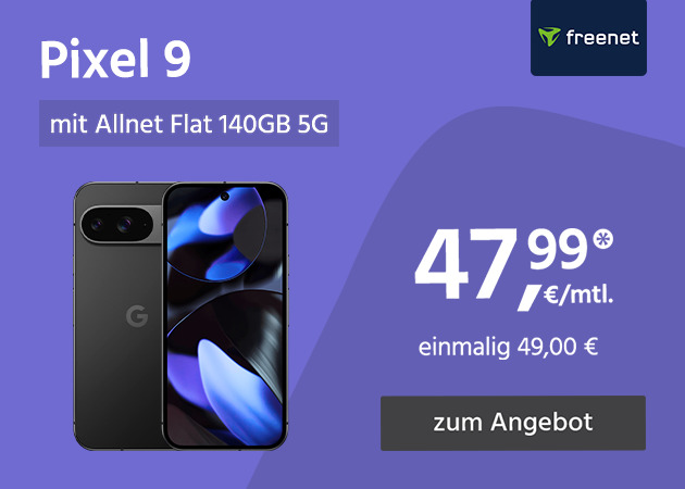 Google Pixel 9 mit Allnet Flat 140GB 5G für einmalig 49€ und monatlich 47,99€