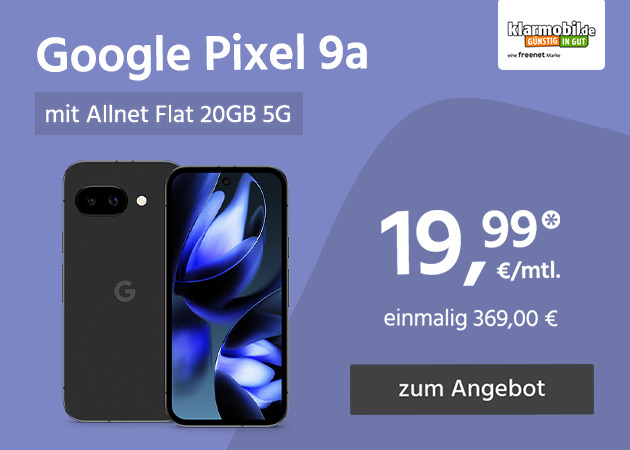 Google Pixel 9a mit Allnet Flat 20GB 5G für einmalig 369,00€ und monatlich 19,99€