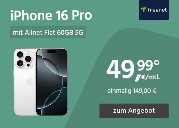 Apple iPhone 16 Pro mit Allnet Flat 60GB 5G für einmalig 149€ und monatlich 49,99€