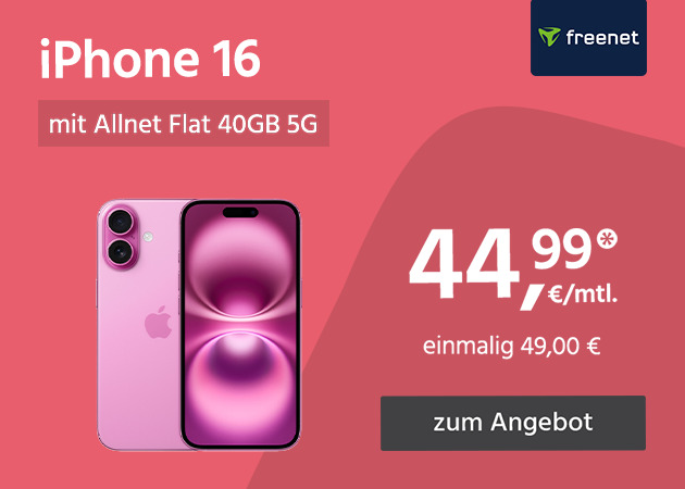 Apple iPhone 16 mit Allnet Flat 40GB 5G für einmalig 49€ und monatlich 44,99€