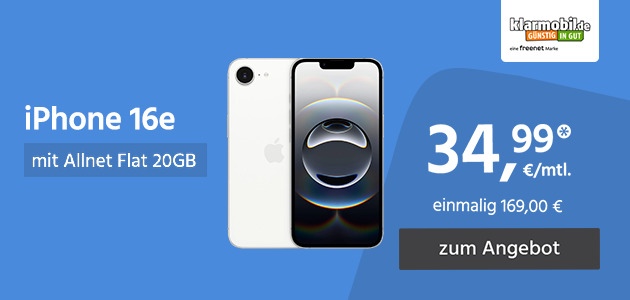 Apple iPhone 16e mit Allnet Flat 20GB 5G für einmalig 169,00€ und monatlich 34,99€