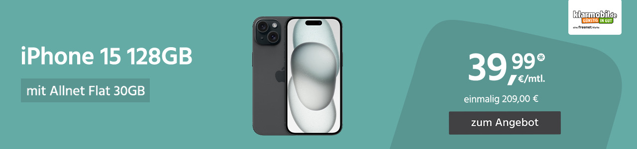 Apple iPhone 15 mit Allnet Flat 30GB 5G für einmalig 209,00€ und monatlich 39,99€