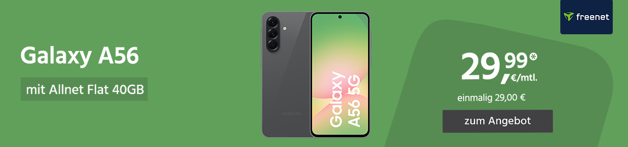 Samsung Galaxy A56 mit Allnet Flat 40GB 5G für einmalig 29,00€ und monatlich 29,99€ 