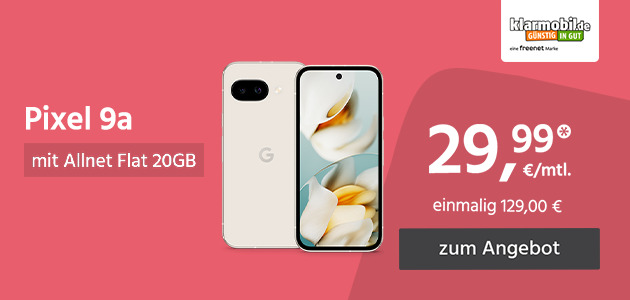 Google Pixel 9a mit Allnet Flat 20GB 5G für einmalig 129,00€ und monatlich 29,99€