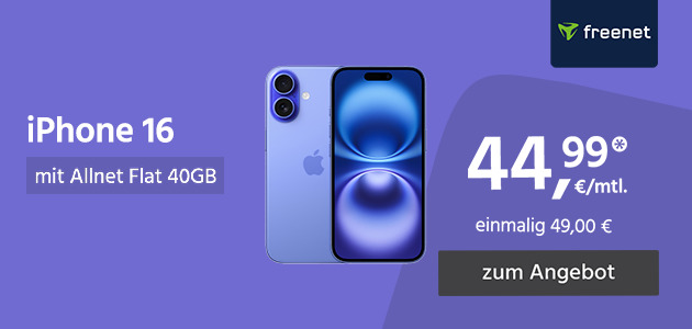 Apple iPhone 16 mit Allnet Flat 40GB 5G für einmalig 49€ und monatlich 44,99€