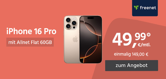 Apple iPhone 16 Pro mit Allnet Flat 60GB 5G für einmalig 149€ und monatlich 49,99€