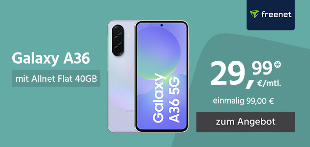 Samsung Galaxy A36 mit Allnet Flat 40GB für einmalig 99,00€ und monatlich 29,99€