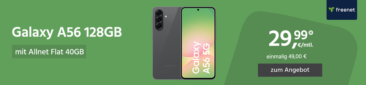 Samsung Galaxy A56 mit Allnet Flat 40GB 5G für einmalig 49,00€ und monatlich 29,99€ 