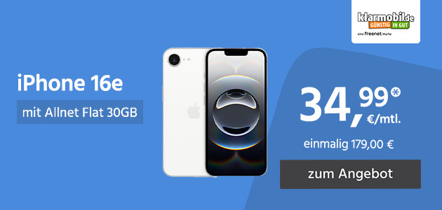 Apple iPhone 16e mit Allnet Flat 30GB 5G für einmalig 179,00€ und monatlich 34,99€