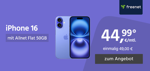 Apple iPhone 16 mit Allnet Flat 50GB 5G für einmalig 49€ und monatlich 44,99€