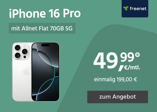 Apple iPhone 16 Pro mit Allnet Flat 70GB 5G für einmalig 199€ und monatlich 49,99€