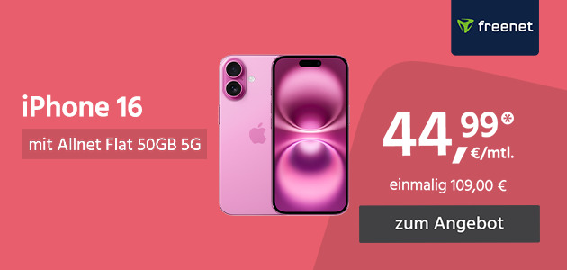 Apple iPhone 16 mit Allnet Flat 50GB 5G für einmalig 109€ und monatlich 44,99€