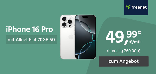 Apple iPhone 16 Pro mit Allnet Flat 70GB 5G für einmalig 269€ und monatlich 49,99€