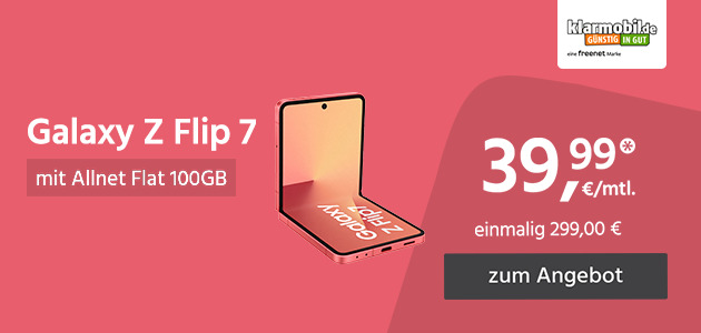 Samsung Galaxy Z Flip7 mit Allnet Flat 100GB 5G für einmalig 299,00€ und monatlich 39,99€
