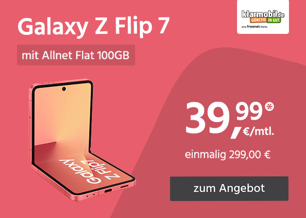 Samsung Galaxy Z Flip7 mit Allnet Flat 100GB 5G für einmalig 299,00€ und monatlich 39,99€