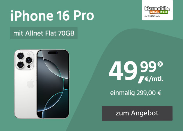 iPhone 16 Pro mit Allnet Flat 70GB für einmalig 299,00€ und monatlich 49,99€ 