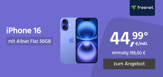 Apple iPhone 16 mit Allnet Flat 50GB 5G für einmalig 199€ und monatlich 44,99€