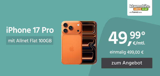 iPhone 17 Pro mit Allnet Flat 70GB 5G für einmalig 499,00€ und monatlich 49,99€ 