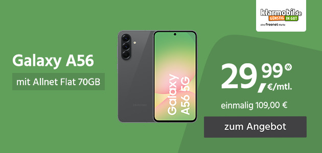 Samsung Galaxy A56 mit Allnet Flat 70GB 5G für einmalig 109,00€ und monatlich 29,99€ 