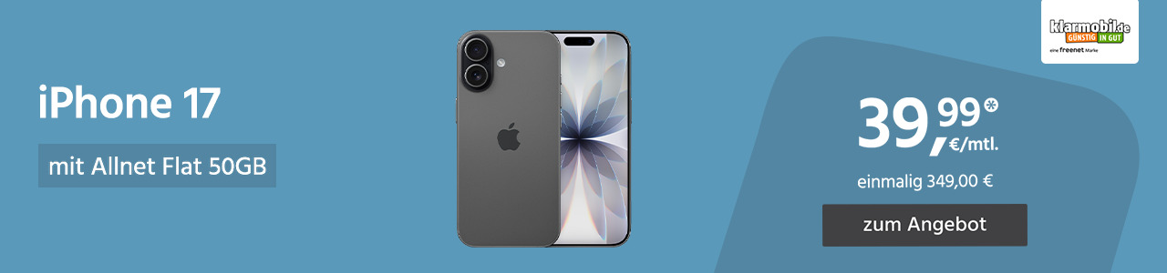 Apple iPhone 17 mit Allnet Flat 50GB 5G für einmalig 349,00€ und monatlich 39,99€