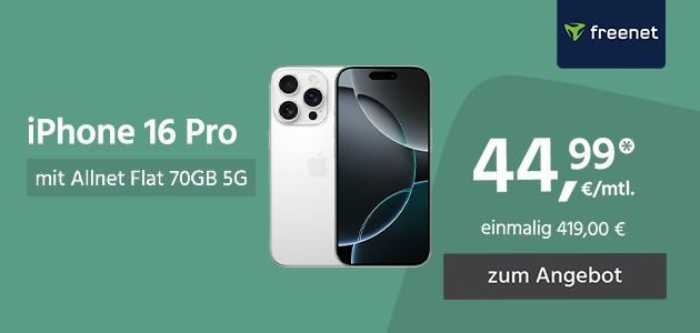 Apple iPhone 16 Pro mit Allnet Flat 70GB 5G für einmalig 419€ und monatlich 44,99€