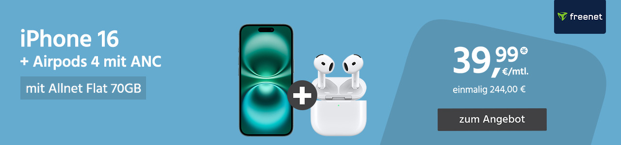 Apple iPhone 16 und Apple Airpods 4 mit Allnet Flat 70GB für einmalig 244,00€ und monatlich 39,99€