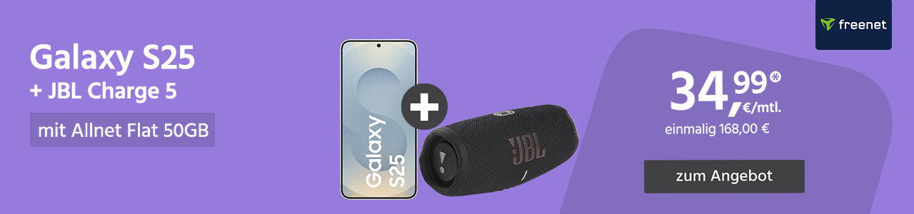 Samsung Galaxy S25 mit Allner Flat 50 und JBL Charge 5 Bluetooth Box für einmalig 168€ und monatlich 34,99€