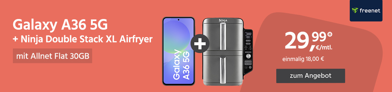 Samsung Galaxy A36 und Ninja Double Stack Airfryer mit Allnet Flat 30 für einmalig 18,00€ und monatlich 29,99€
