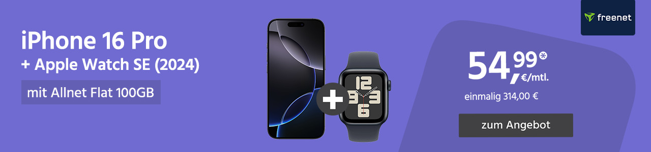 iPhone 16 Pro und Apple Watch SE mit Allnet Flat 100GB für einmalig 318,00€ und monatlich 54,99€