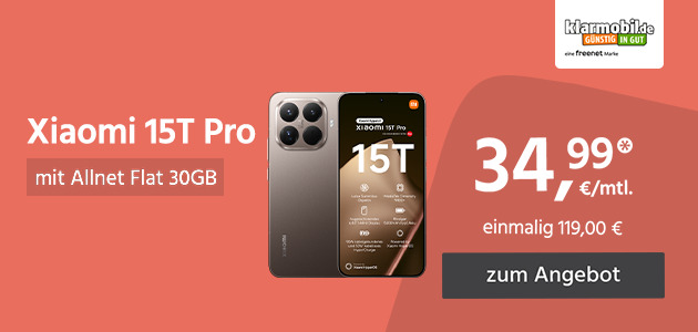 Xiaomi 15T Pro mit Allnet Flat 30GB für einmalig 119,00€ und monatlich 19,99€